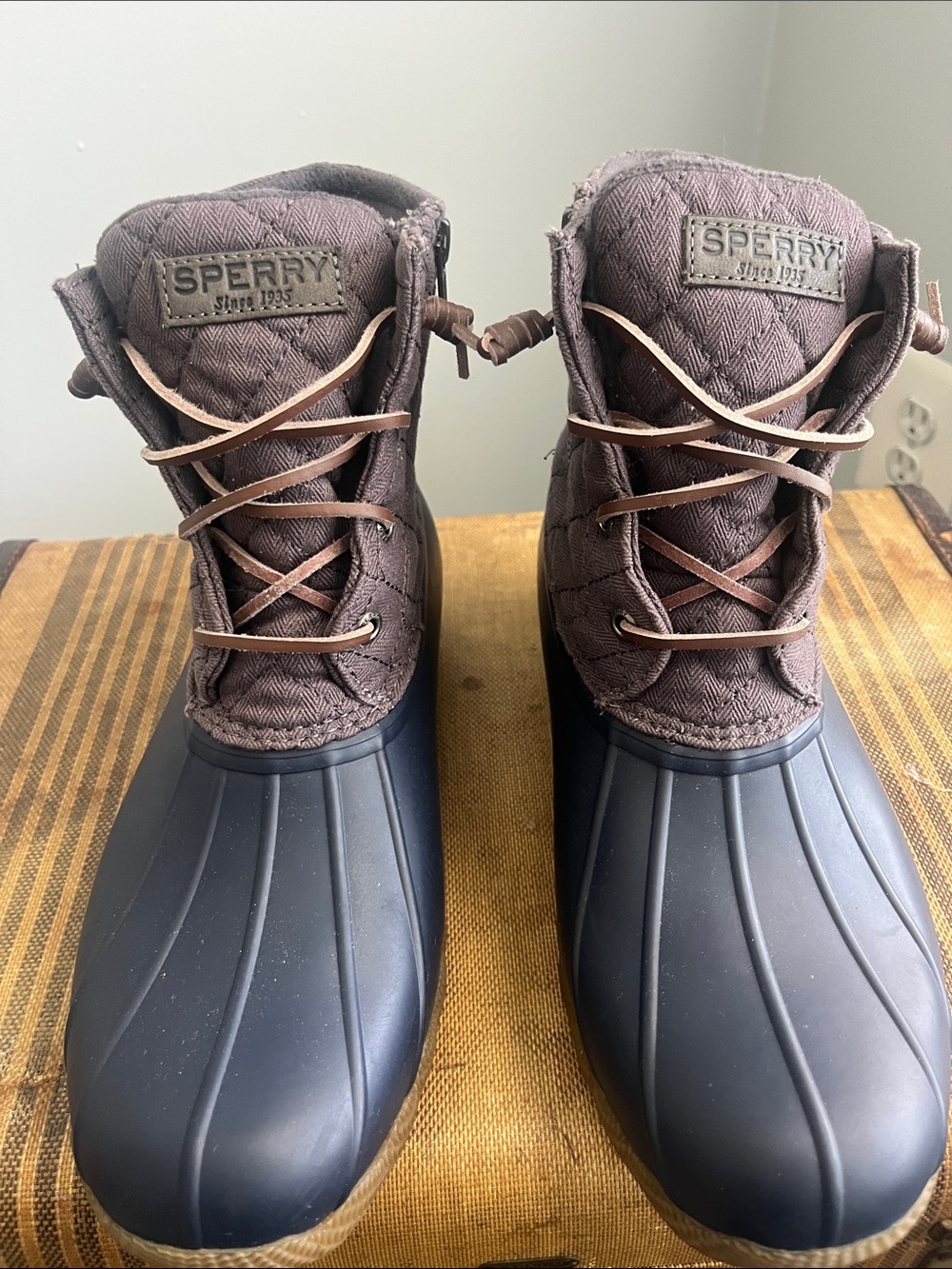 Sperry Women’s Brown Quilted Upper & Navy Rubber Rain Boots